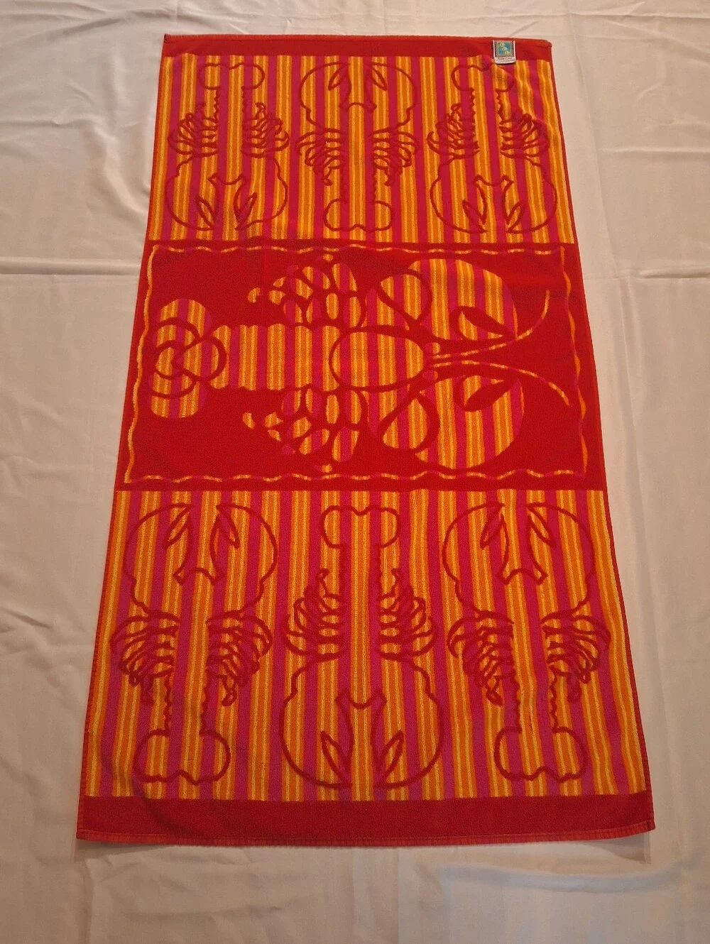 Vtg 90s Palm Cove Lobster Beach Towel Red Orange Pink Ocean 57x30 Inch Retro